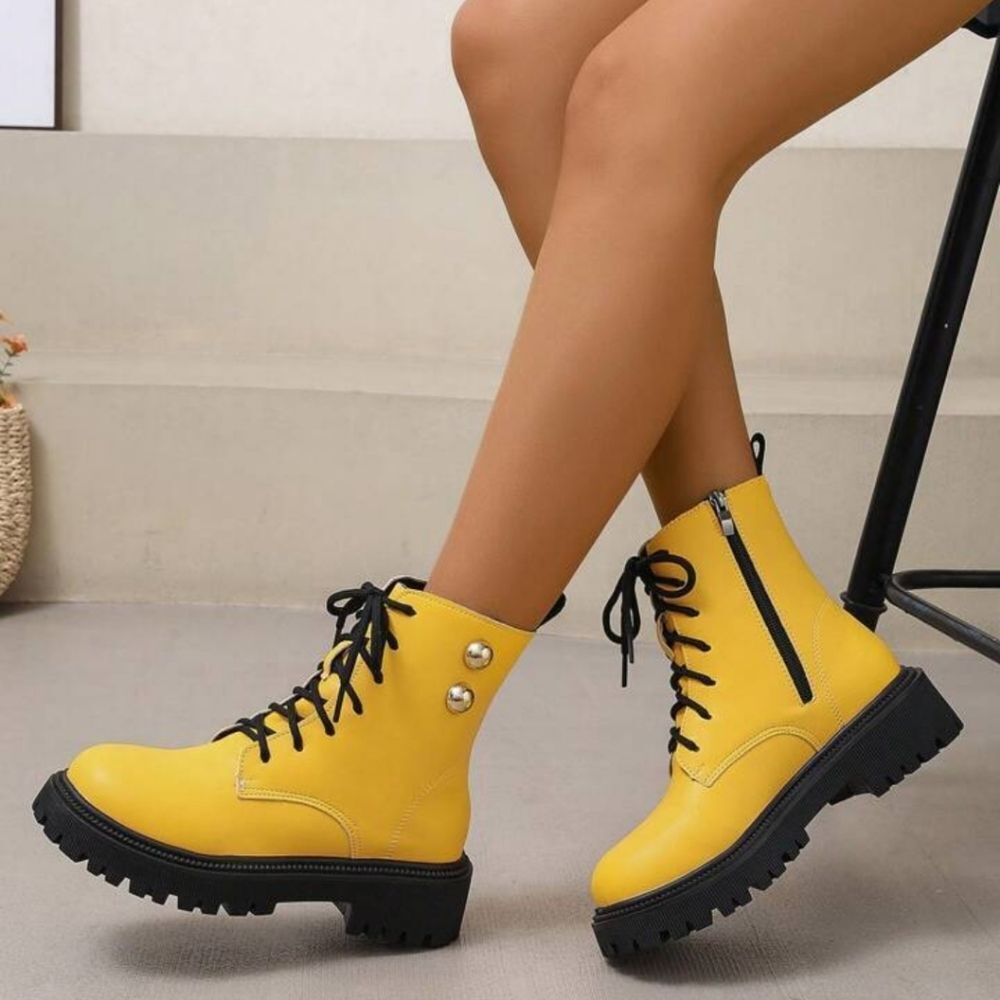 WOMEN'S ROUND TOE LACE-UP PATCHWORK  CHUNKY SOLE,  SHORT BOOTS